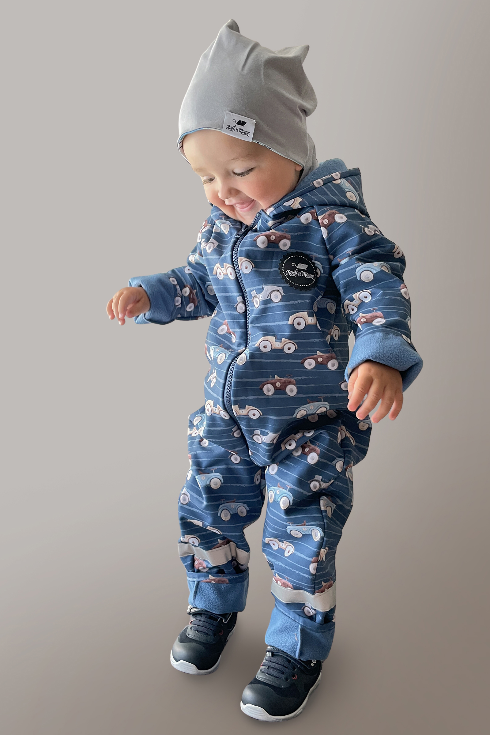 Blue softshell jumpsuit with fun retro 