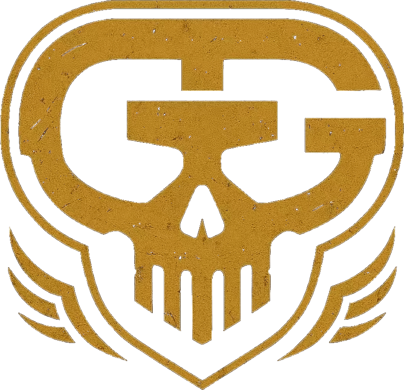 Grindguard gold skull crest logo with wings, representing military gaming squad emblem.