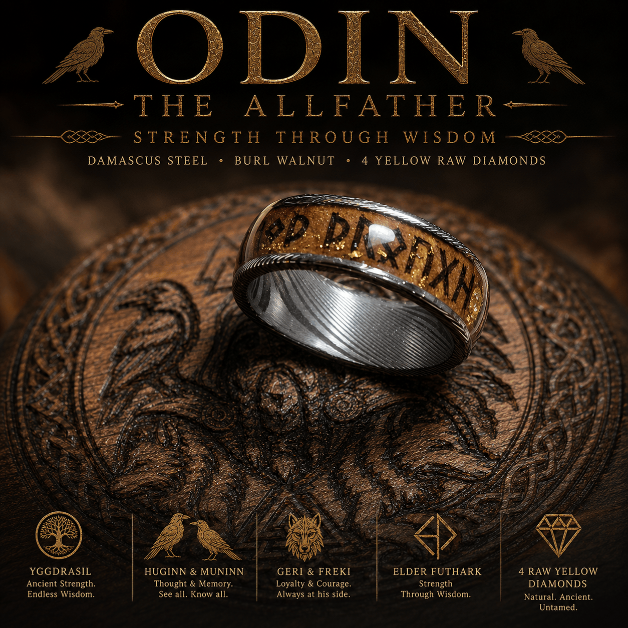 Odin Norse design with ravens Huginn and Muninn, wolves Geri and Freki and Viking knotwork
