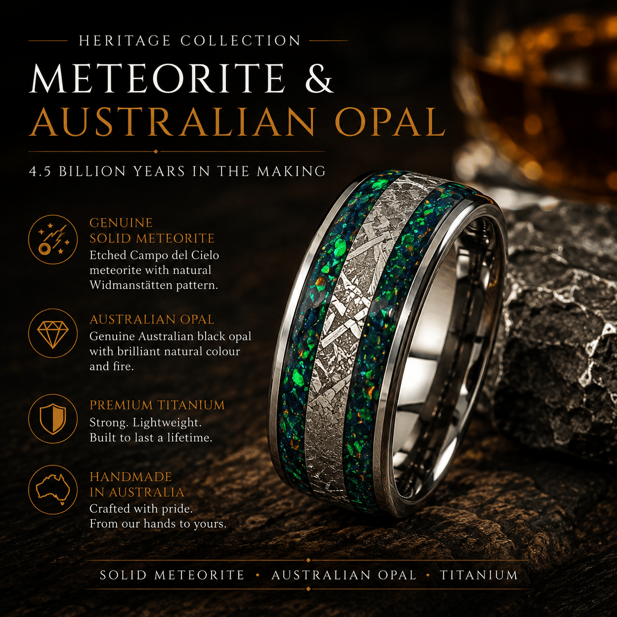 Meteorite and Australian opal titanium ring handmade in Australia