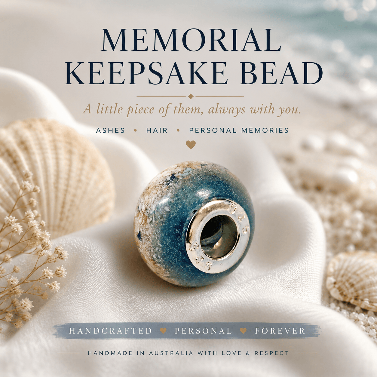 Memorial bead for ashes handcrafted with ocean blue and sandy shore colours