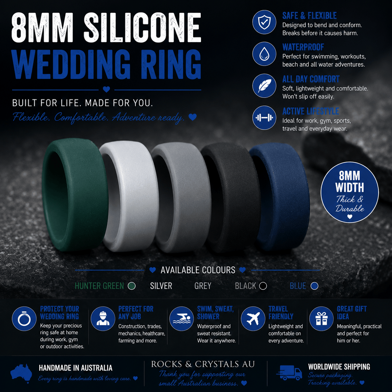 8mm silicone wedding rings in hunter green, silver, grey, black and blue