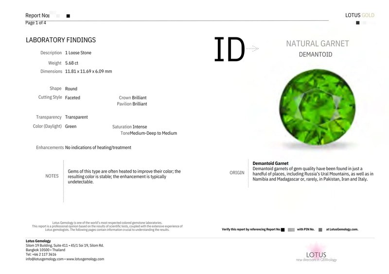 Certification of 5.68 ct demantoid garnet green natural gemstone