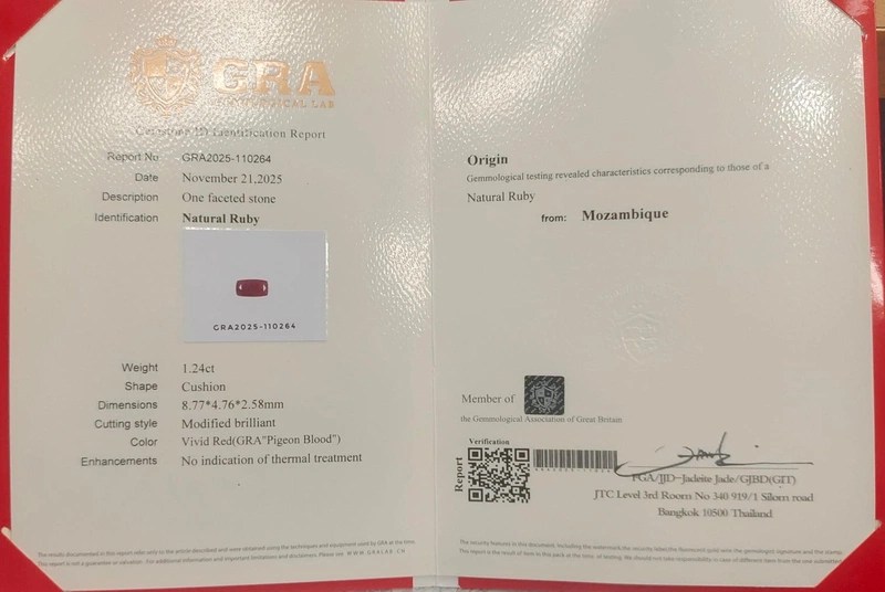 Certification of Natural Mozambique Ruby 1.24 Ct Cushion Cut | Pigeon Blood Red VS Clarity