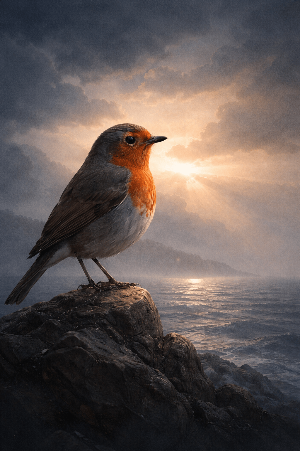 A robin perched on a rocky cliff overlooking the ocean at dawn, illuminated by soft light against a calm horizon.