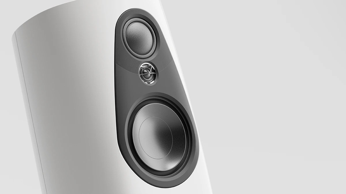Linn 343 loudspeaker array in Alpine White showing tweeter, midrange and upper bass driver