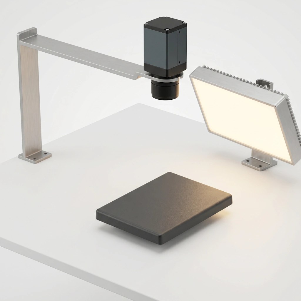 Stazione di visione industriale con un pannello LED a diffusione che illumina un componente in plastica testurizzato, con la parte frontale smerigliata che emette una luce tenue
