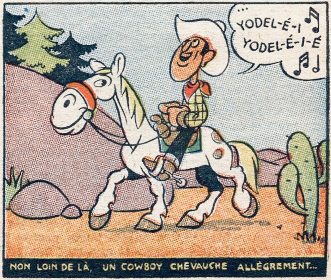 Den allra första seriebilden av Lucky Luke, tecknad av Morris, ur Spirou Almanach 1947 (utgiven 1946). ©Dupuis