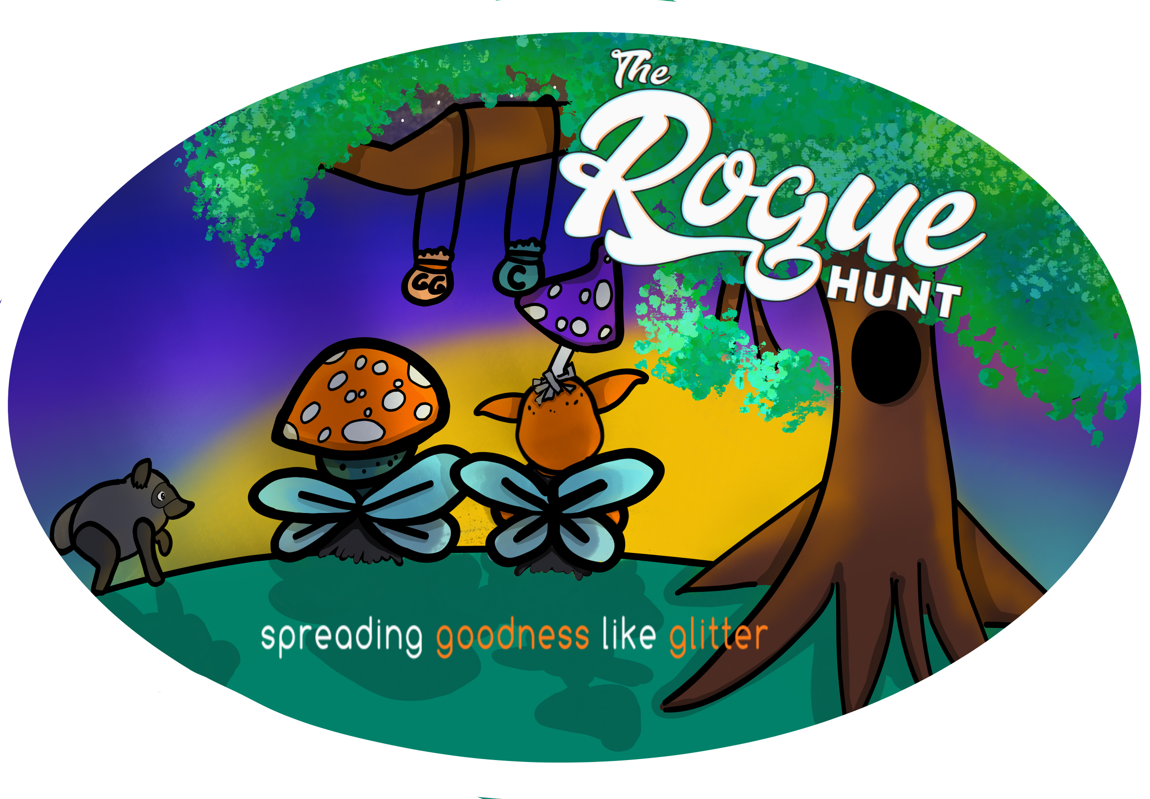 digital painting of Eugene and Gronk sitting on a hill watching the sunset. To their right is a tree with Rogue Hunt logo on it in white.