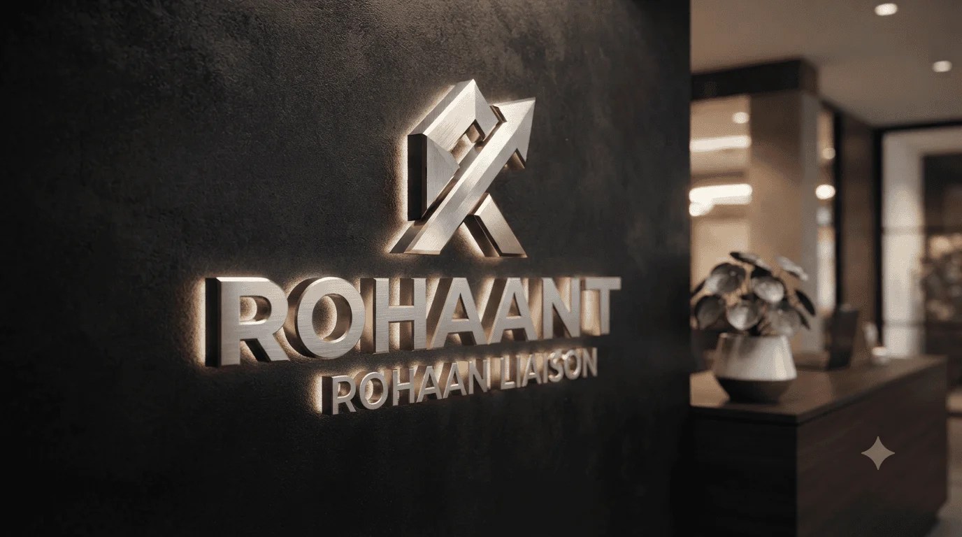 A futuristic 3D custom metallic logo for Ranklyst Digital featuring brushed platinum and rose-gold finishes, mounted on a sleek obsidian-black executive reception wall with sophisticated ambient backlighting.