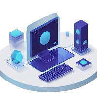 Isometric vector graphic of a modern computer workstation featuring a monitor, keyboard, CPU tower, and floating geometric 3D shapes on a round white platform.