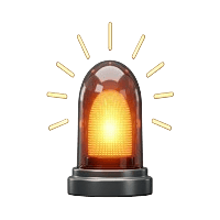 3D digital illustration of a glowing amber-orange emergency beacon siren light emitting bright yellow light rays against a white background.