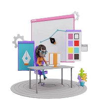 3D digital illustration of a female graphic designer working at a desk with floating UI design tools, pen tool path vectors, color swatches, and gears.