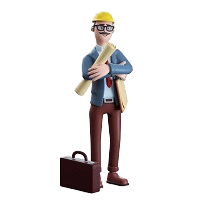 3D character illustration of a male engineer wearing a yellow hard hat, glasses, and blue suit jacket, standing with crossed arms holding blueprints and a clipboard next to a briefcase.
