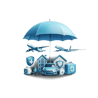 3D composite illustration of a blue umbrella sheltering various items including a car, two airplanes, houses, medical kits, and protective shields, symbolising comprehensive insurance coverage.