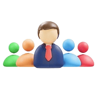 3D minimalist illustration of a corporate team with a central leader avatar wearing a navy suit and red tie, flanked by four colorful team member profile silhouettes.