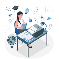 Flat vector illustration of a female student sitting at a study desk reading a book surrounded by textbooks, a laptop, a globe, and floating academic symbols.
