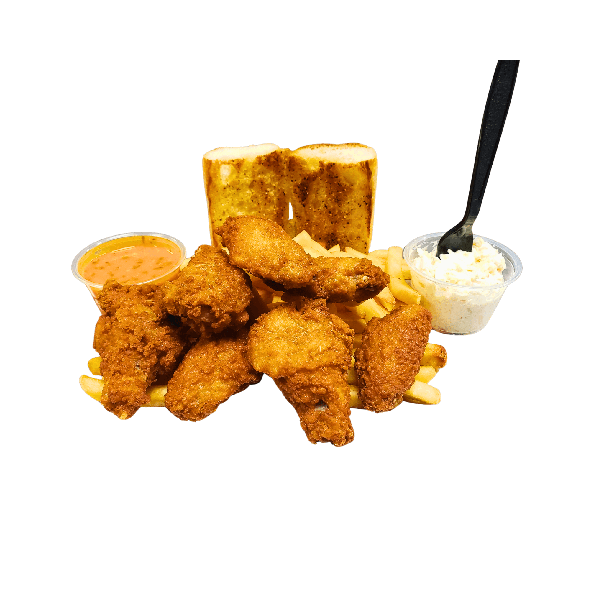 Bone-in wings served with fries, coleslaw, and garlic bread at Romano’s Pizza