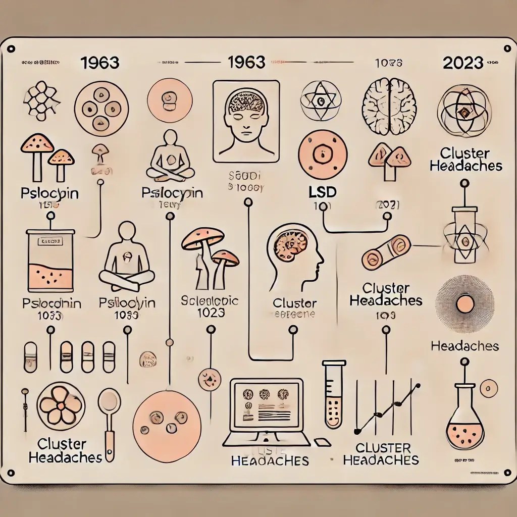 Infografía que muestra la relación entre la psilocibina, el LSD y su uso en el tratamiento de cefaleas en racimos, con referencias históricas desde 1963 hasta 2023.