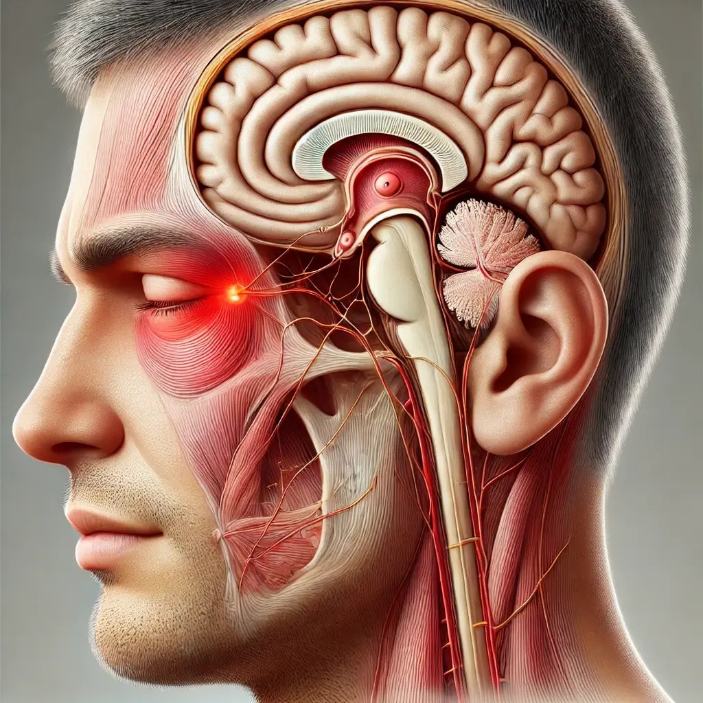 Ilustración médica de un perfil humano mostrando el cerebro, nervios craneales y la zona del nervio trigémino resaltada en rojo, asociada al dolor de las cefaleas en racimos