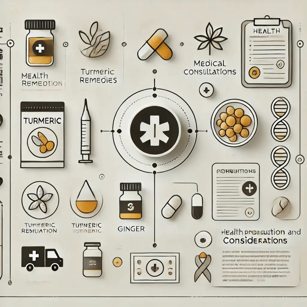 Conjunto de ilustraciones médicas y de remedios naturales que incluyen cápsulas, plantas, jeringas, frascos de medicamentos, y símbolos relacionados con la salud, como el ADN y una cruz médica