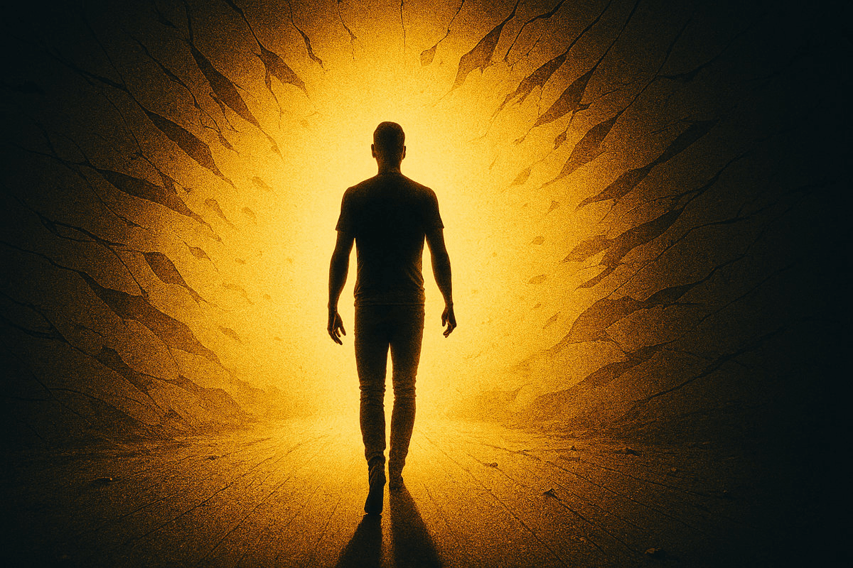 A person's breaking free from invisible barriers and walking toward radiant purpose (sunlight)