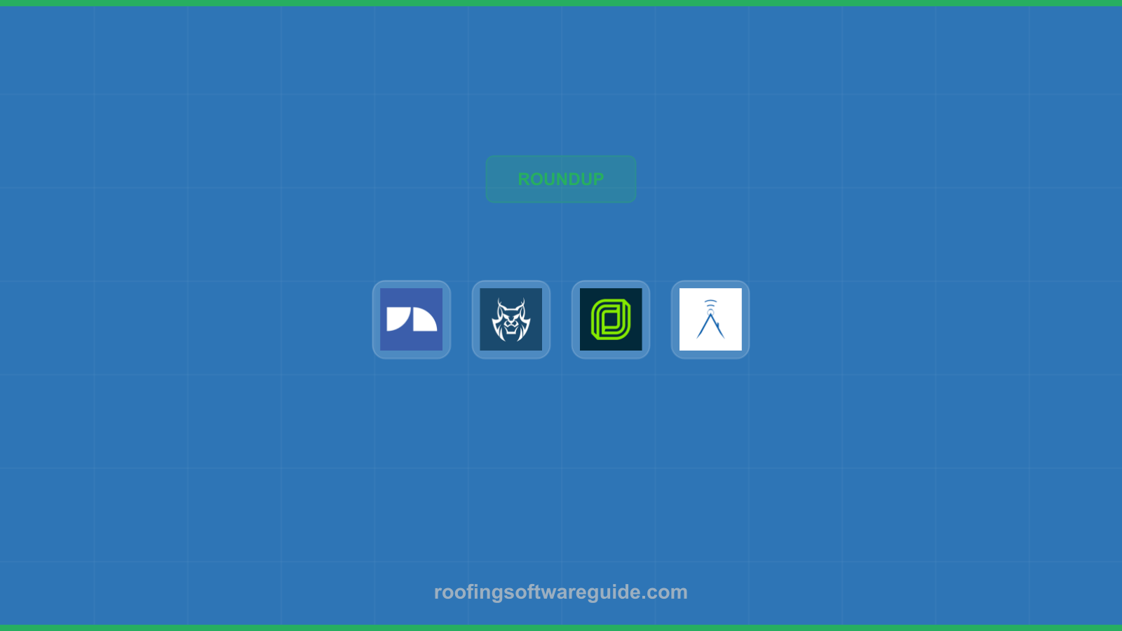 Icons representing roofing software features and tools on a blue background.