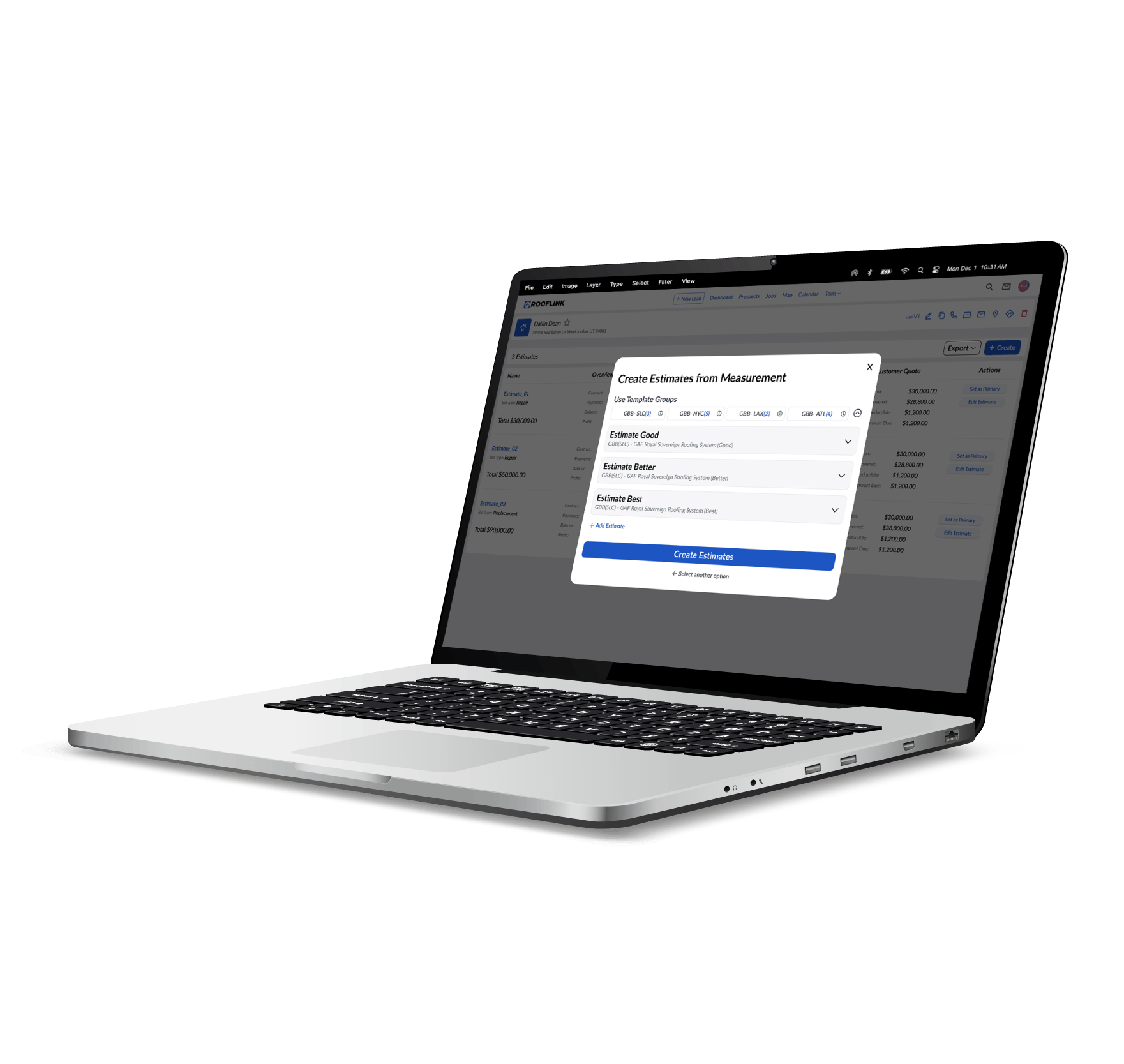 RoofLink interface on a laptop showing the "3 Estimates in 3 Minutes" dashboard for roofing estimate software