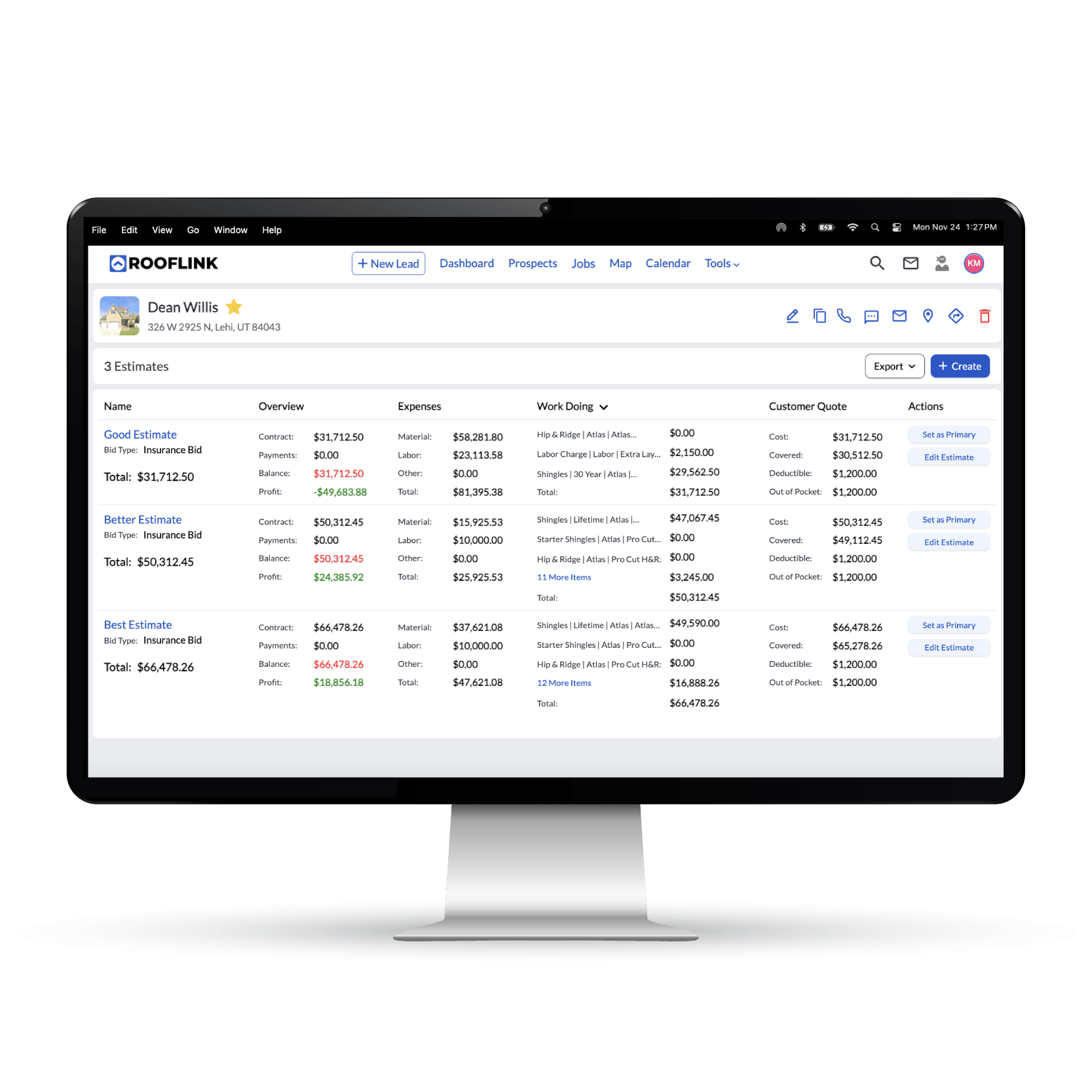 Dashboard view of roofing estimator software highlighting real-time Gross Profit margin calculations