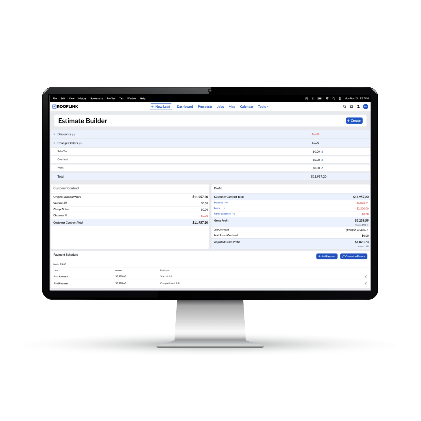 RoofLink CRM dashboard displaying real-time roofing job costing, pending insurance supplements, and profit-based commission tracking
