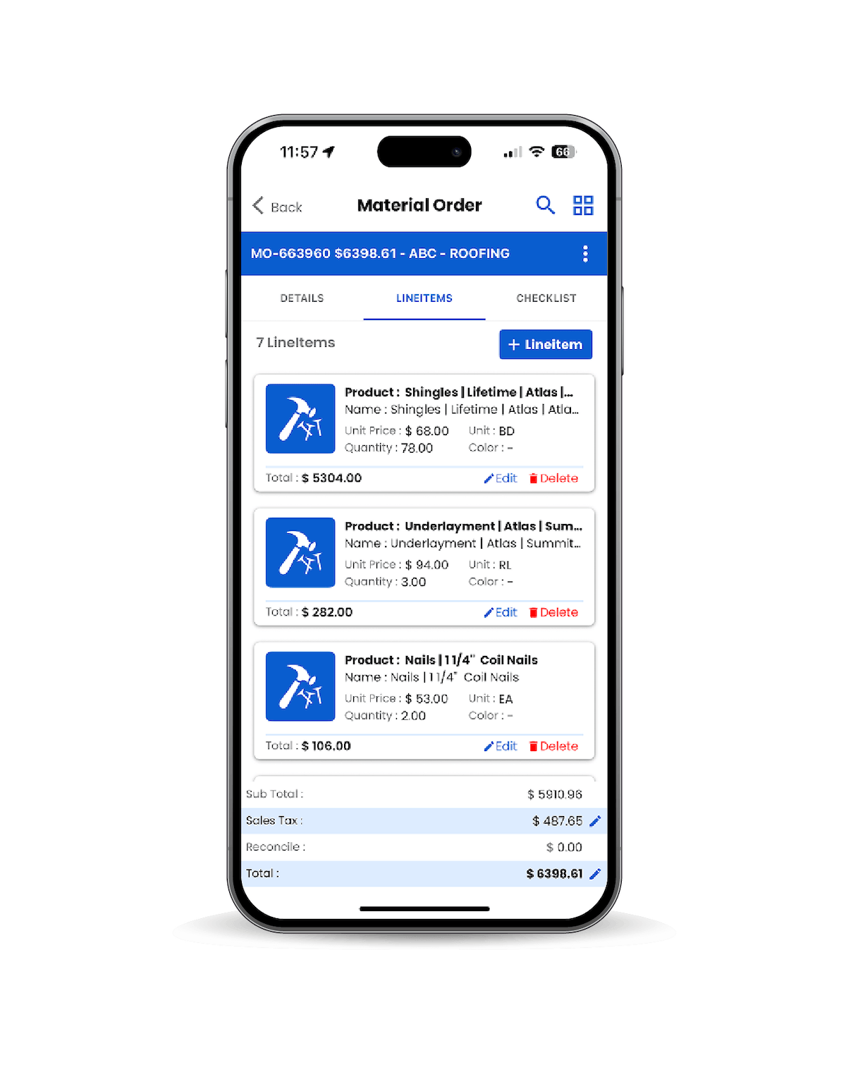 Roofing sales representative using the RoofLink mobile roofing app to handle leads, build roofing estimates, and manage production from a single interface