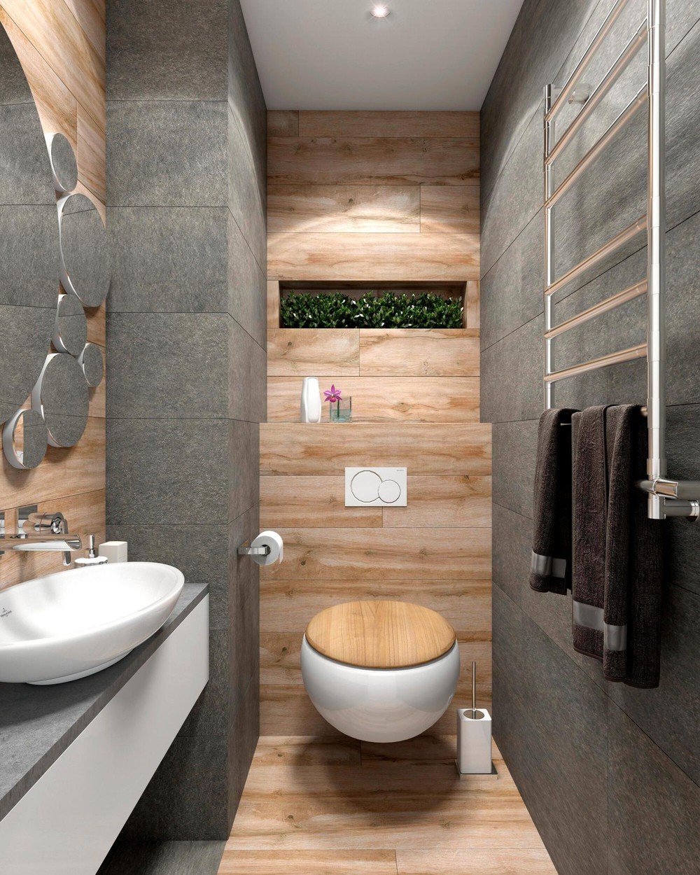 Minimalist Bathroom Designs Looks So Trendy With Backsplash And Wooden Accent Decoration Roohome