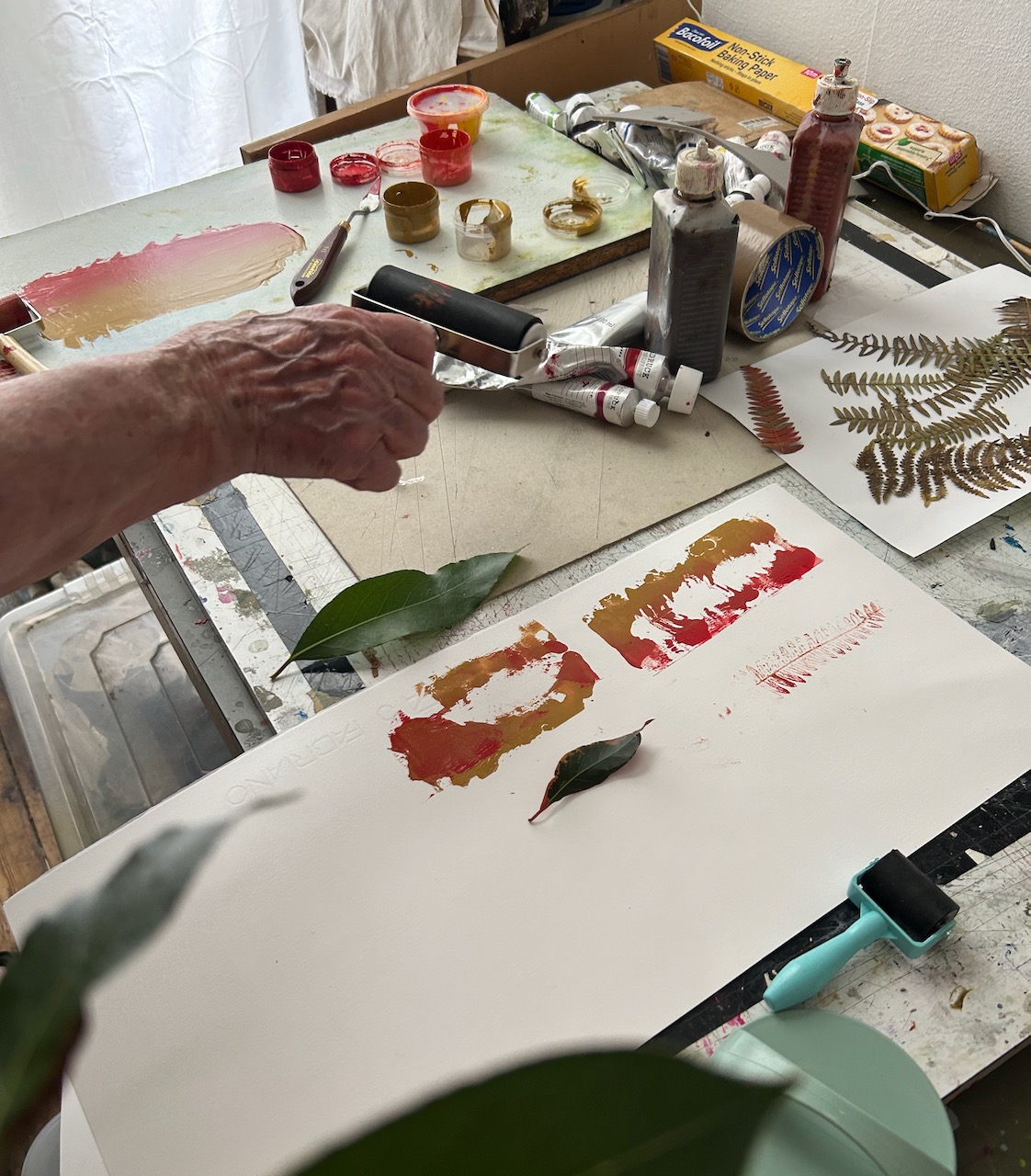 Garden leaves and paint tubes laid out for testing leaf printing
