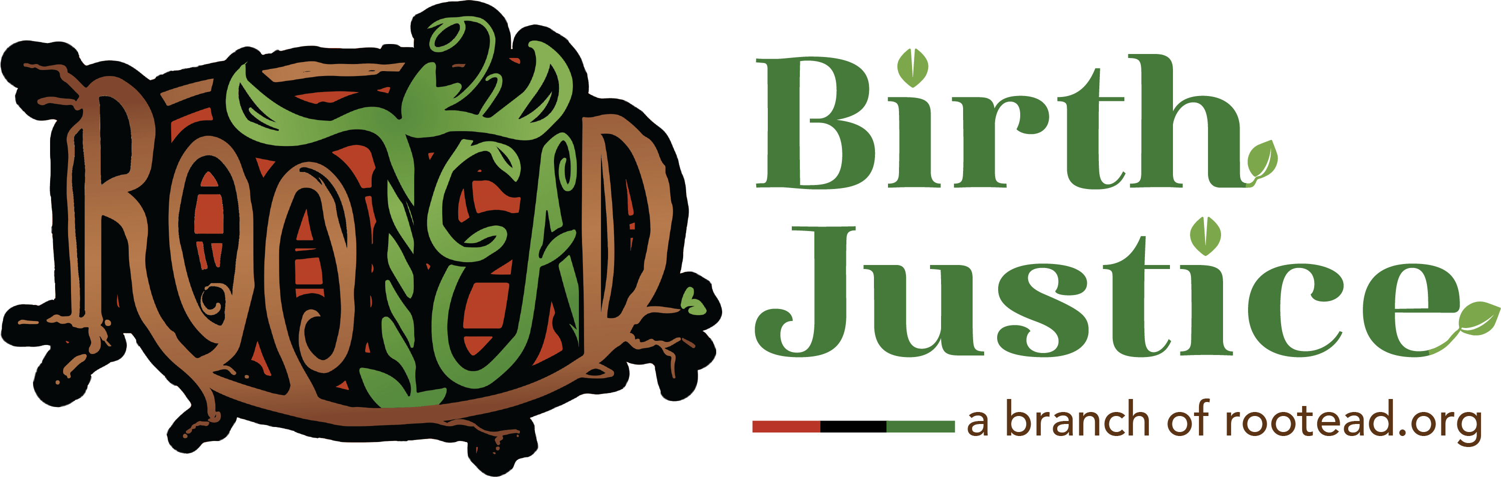birth justice banner in green lettering and green leaves at the end of the letters H and E and as the dot on both letter Is. To the left is the Rootead logo, below is a segmented line with red, black, and green and in brown letters reads "a branch of rootead.org"