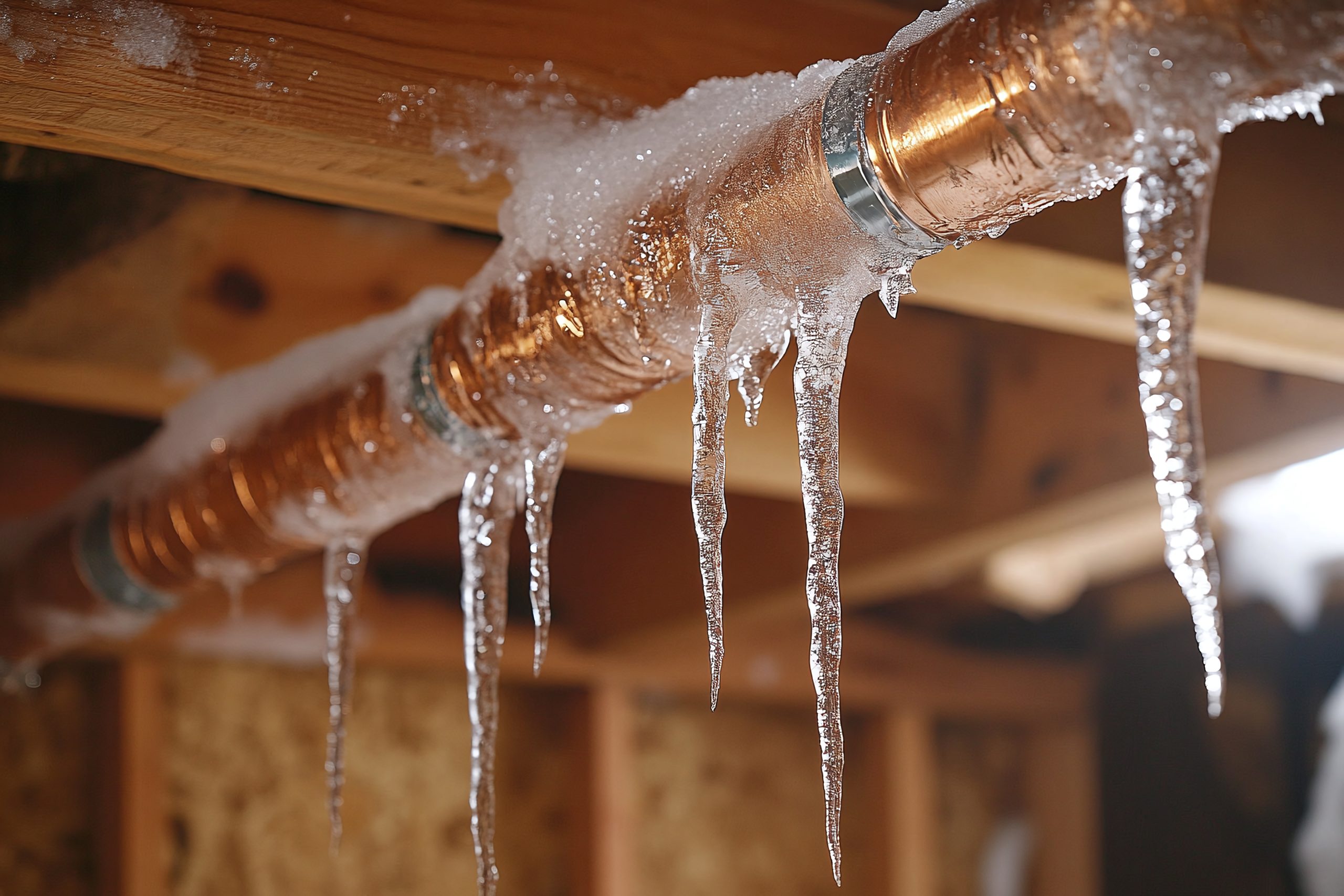 Lose-up of a frozen, burst water pipe in a north american home, with icicles forming.