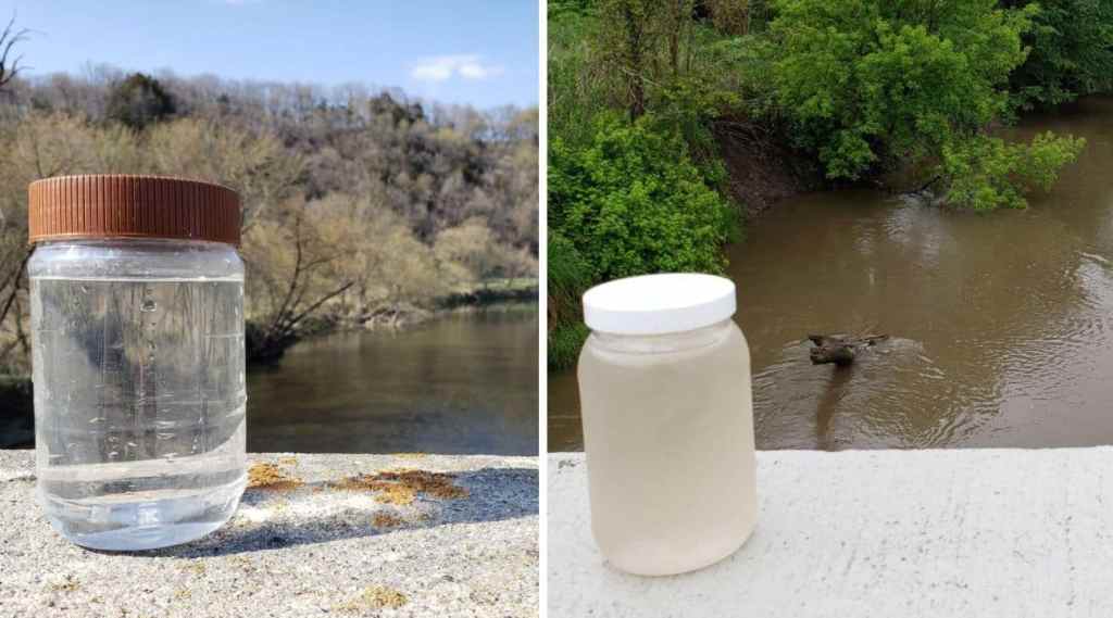 On the left side is a photo of a clear jar of water sitting on a bridge railing. On the left a cloudy jar of water sitting on a bridge railing. In the background of each photo are trees and river.