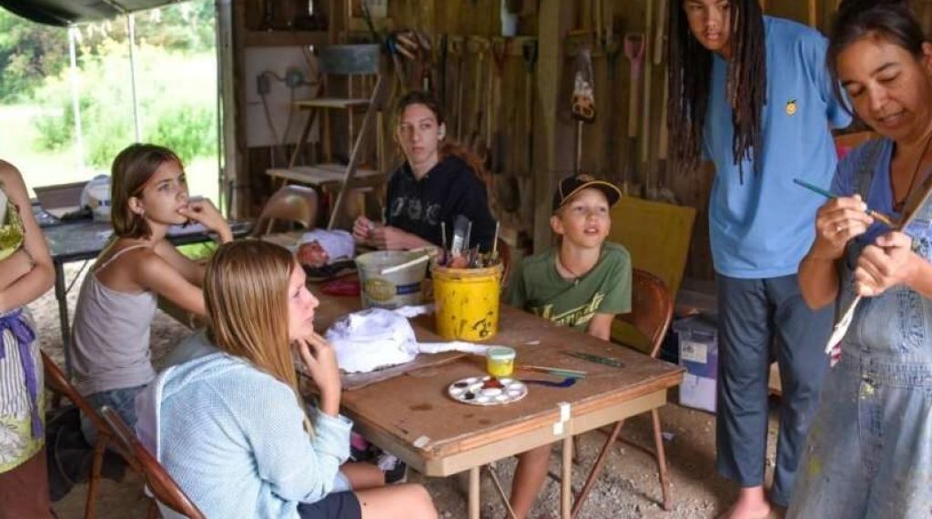 kids gathered at table with art supplies