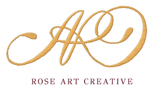Rose Art Creative logo featuring a hand-lettered ARC monogram in golden thread, with the business name below
