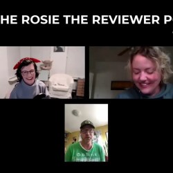 Image about podcast showing the podcast title of Rosie the Reviewer podcast with the logo and three thumbnails of the two hosts and actor Scott Gibson from The Pacific smiling at the camera