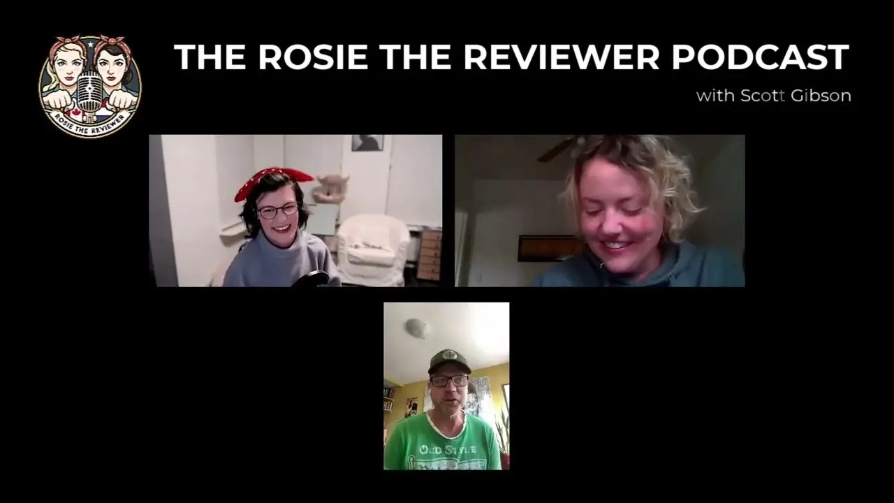 Image about podcast showing the podcast title of Rosie the Reviewer podcast with the logo and three thumbnails of the two hosts and actor Scott Gibson from The Pacific smiling at the camera