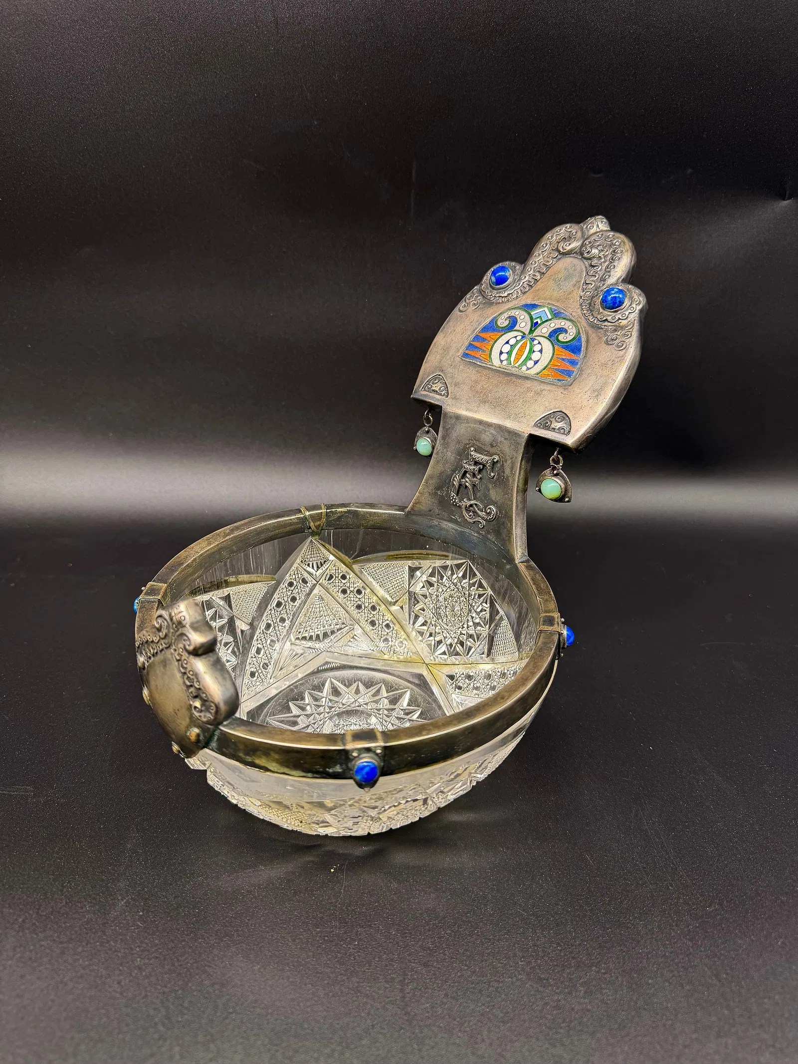 Orest Kurlyukov rock crystal kovsh with silver-gilt cloisonné enamel mounts and lapis lazuli