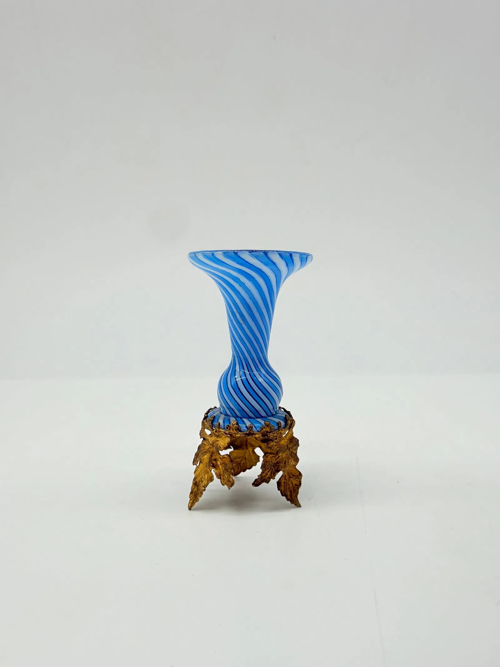 French blue and white spiral opaline vase on gilt-bronze vine-leaf base