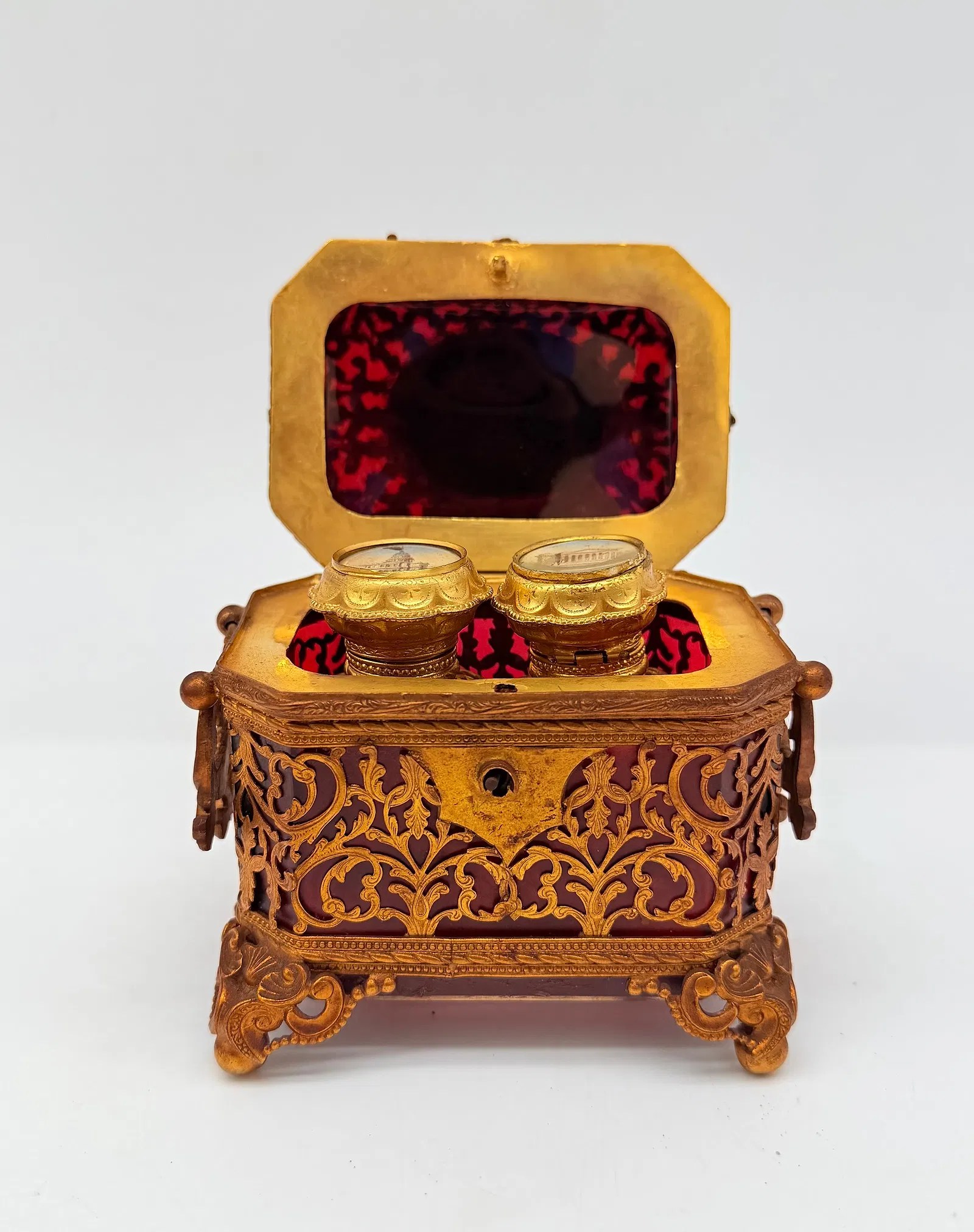 French red-glass perfume casket with two scent flacons and gilt-metal mounts, Napoleon III