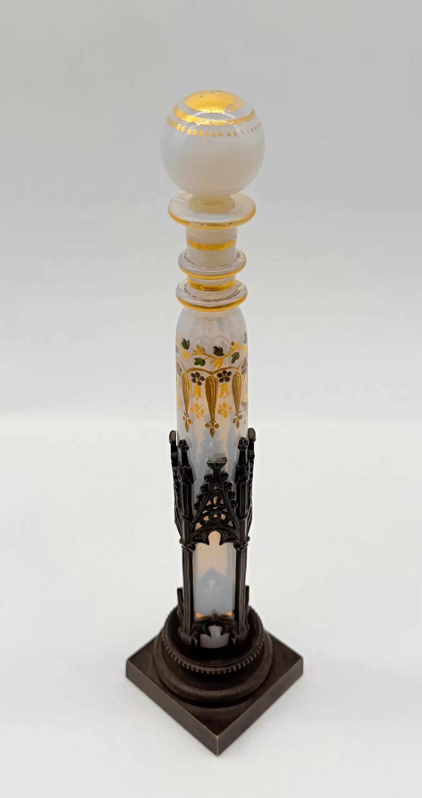 French Bulle de Savon opaline Melissa bottle in its Gothic Revival holder