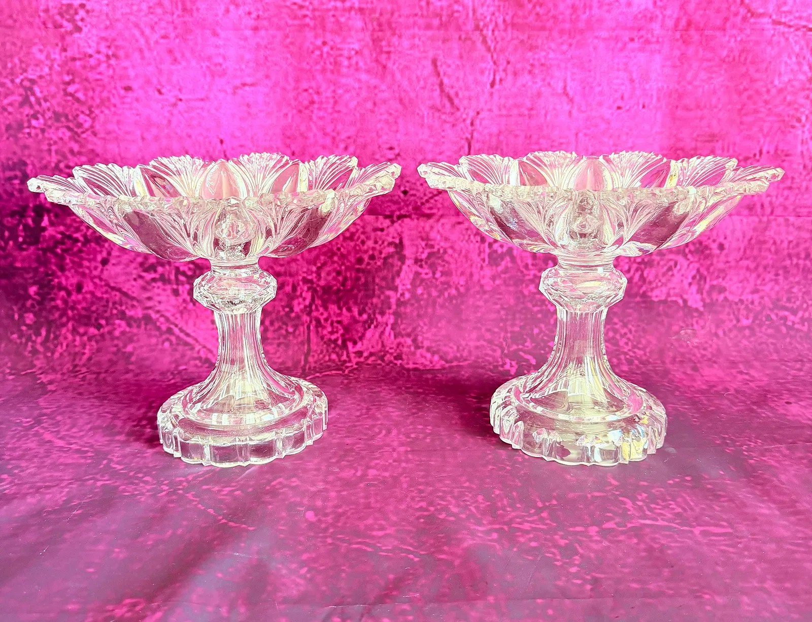 Pair of 19th-century moulded crystal pedestal bowls with scalloped floral rims