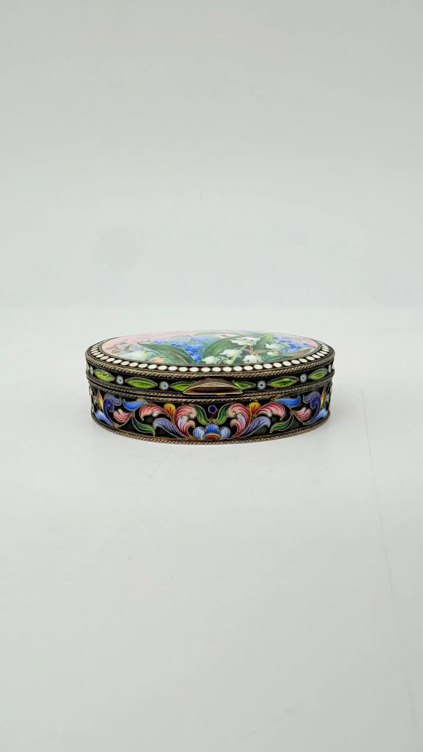 Maria Semenova silver-gilt enamel snuff box with lily of the valley and forget-me-nots