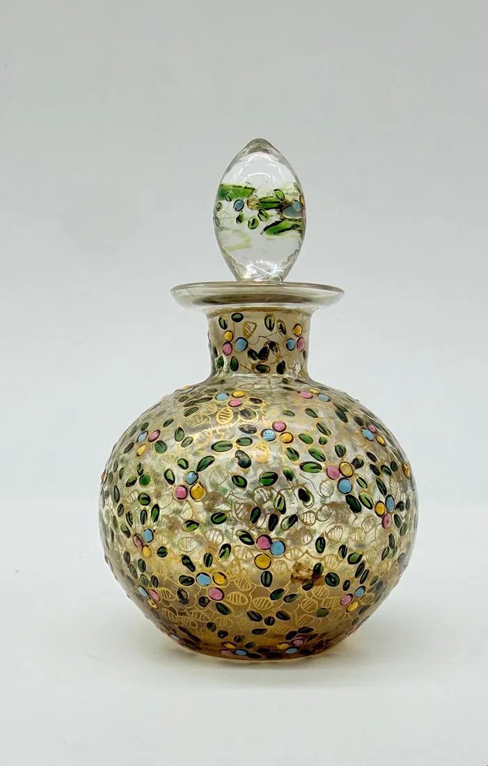 Miniature Moser perfume bottle with polychrome enamel flowers and gilt decoration
