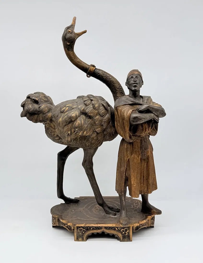 French Cold-Painted Spelter Model of an Arab Figure with an Ostrich, circa 1890