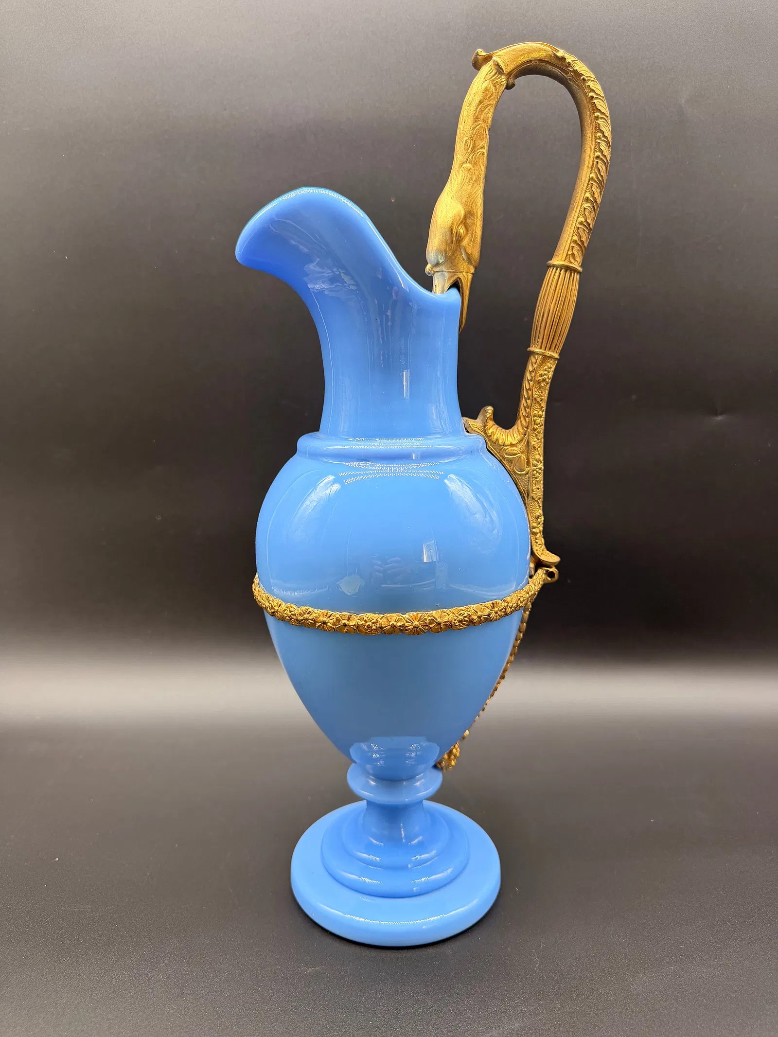 French lavender opaline glass ewer with gilt-bronze swan handle, Charles X period