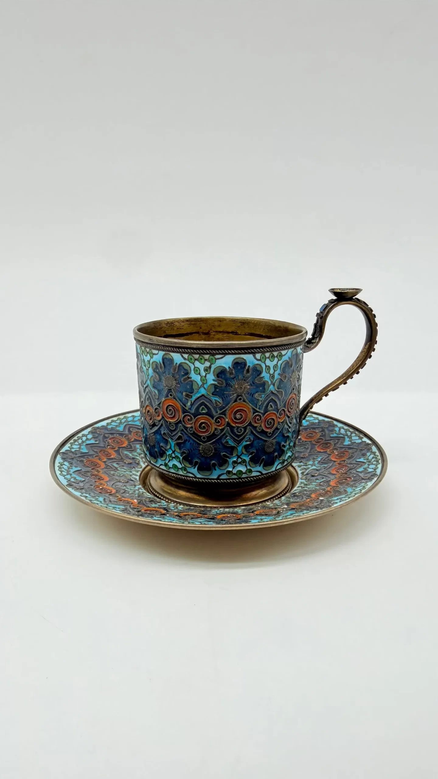 Russian silver-gilt cloisonné enamel coffee cup and saucer, 11th Artel, Moscow